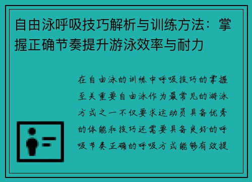 自由泳呼吸技巧解析与训练方法：掌握正确节奏提升游泳效率与耐力